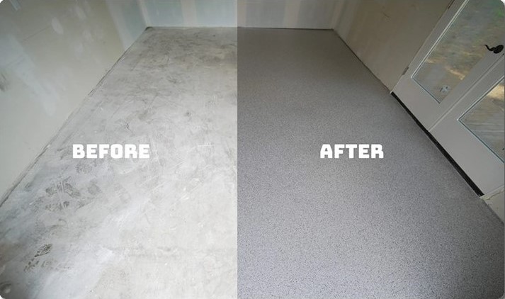 Before and after concrete floor coating comparison